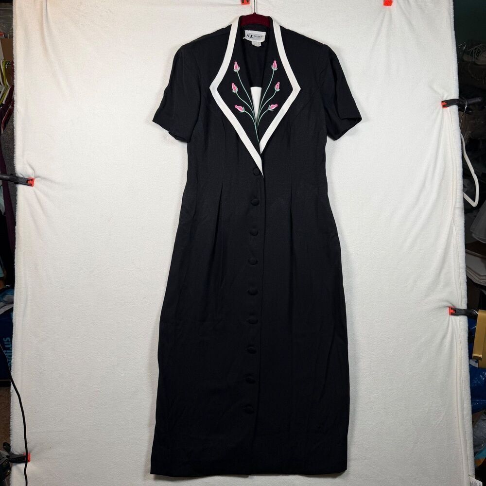 Vintage 90s Embroidered Floral Midi Dress Black Button Front Shirt Dress Womens